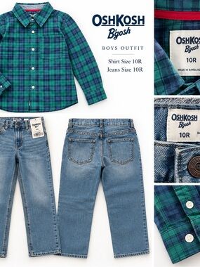 OshKosh B'gosh Green & Blue Plaid Button-Down Shirt & jeans 10 NWT